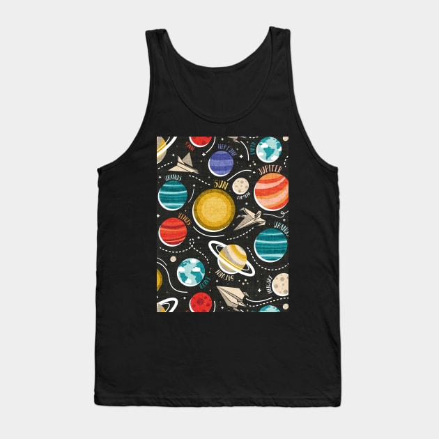 Paper space adventure II // pattern // black background multicoloured solar system paper cut planets origami paper spaceships and rockets Tank Top by SelmaCardoso